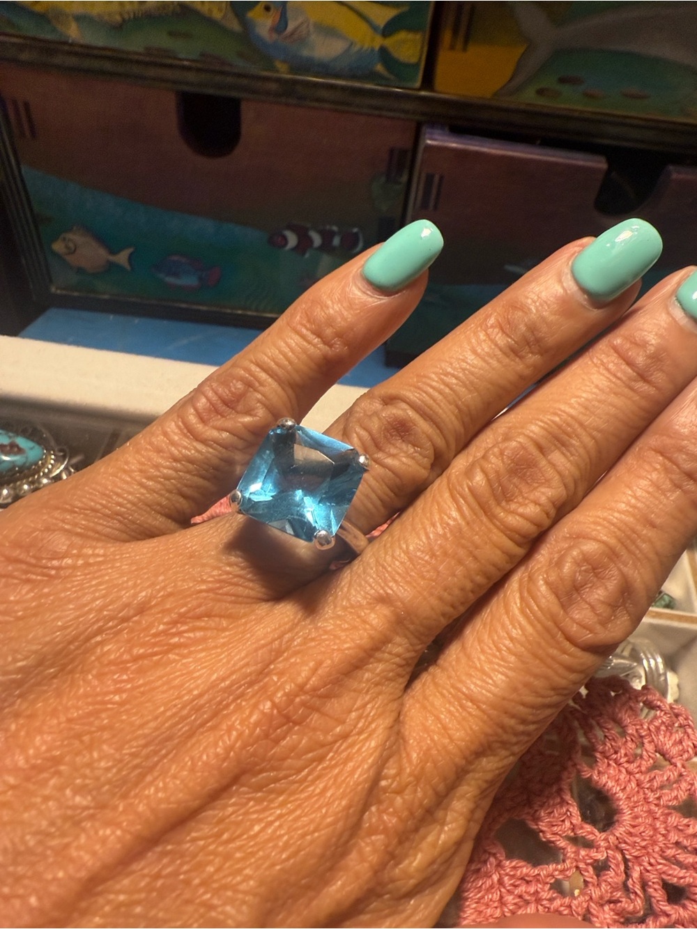 Sterling Silver Blue Square Gemstone Cocktail Ring - Fashion Women Jewelry